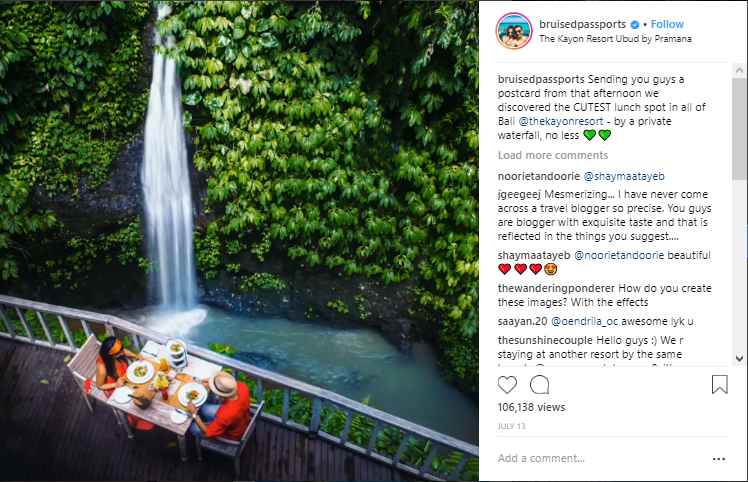 Eating near a waterfall instagram post