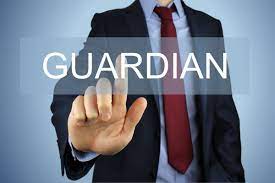 A man in a suit gently touches the word "guardian" displayed on a screen, symbolizing protection and responsibility.
