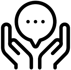 A monochrome icon depicting two hands grasping a speech bubble, conveying a visual representation of communication and interaction.
