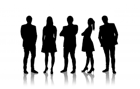Silhouette of business people standing in a line, ready for a meeting or presentation.