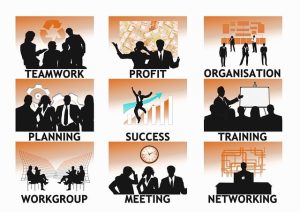 A collection of business icons featuring business people engaged in various business activities.