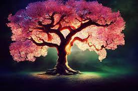 The Tree of Life illuminated against a dark background, symbolizing the essence of life amidst darkness. 