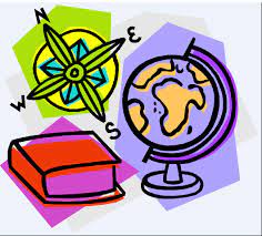 a white background, with a hand drawn book, compass and globe in various colors.