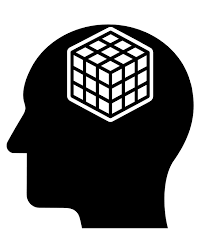a black silhouette of a man's face, with a rubix cube drawn into his brain.
