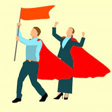 Business people with red flags and capes, symbolizing determination and leadership in the corporate world.