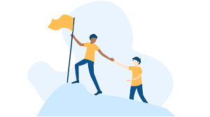 Two individuals triumphantly wave a yellow flag atop a majestic mountain peak.