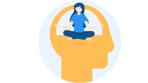 A woman meditating inside a human head, symbolizing inner peace and self-reflection.