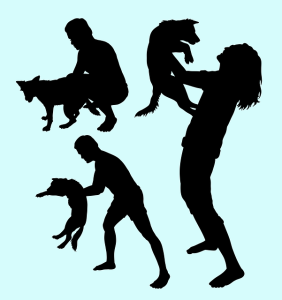  Silhouettes of individuals interacting with dogs outdoors