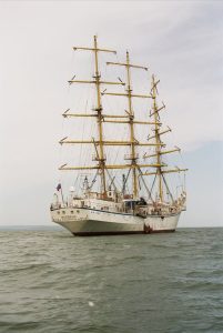 A majestic tall ship with billowing sails gliding across the vast ocean.